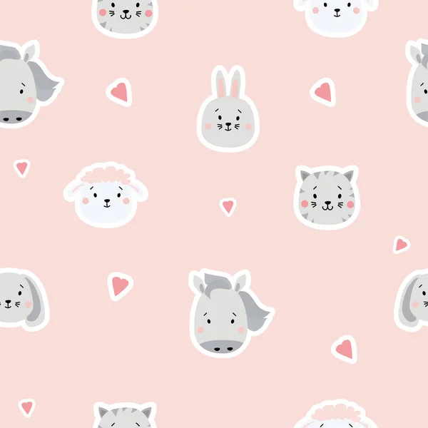 Patrones sin costuras. Pegatinas de animales lindos - perro, liebre y oveja, gato y caballo sobre un fondo rosa con corazones. Para diseño, textil, embalaje y papel pintado. Ilustración vectorial — Vector de stock