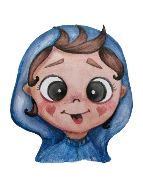 Kinderdag. Kinderen collectie. Leuke en grappige baby in een zelfgemaakte blauwe kigurumi pyjama. Aquarel. handtekening. isoleren op witte achtergrond. Voor kinderen ontwerp, ansichtkaarten, decor — Stockfoto