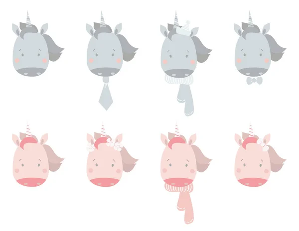 Set of cute portraits of unicorns - a boy and a girl with a mane and a horn. Various decorative elements with flowers and hearts, tie and scarf. Scandinavian design. isolated. vector. Kids collection — Stock Vector