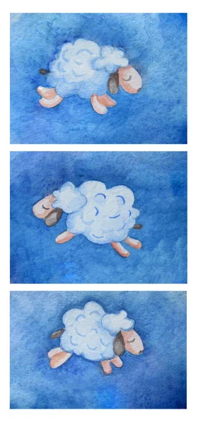 Carino agnello addormentato su uno sfondo blu. Acquerello. Set di animali decorativi. Disegno a mano. Per la progettazione e cartoline, decorazione e stampa — Foto Stock