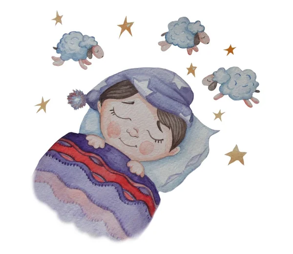 Dulces sueños. Bonita oveja en el cielo estrellado por encima de un niño dormido. Hora de dormir. Acuarela. Dibujo manual. Aislado sobre fondo blanco. Colección de niños — Foto de Stock