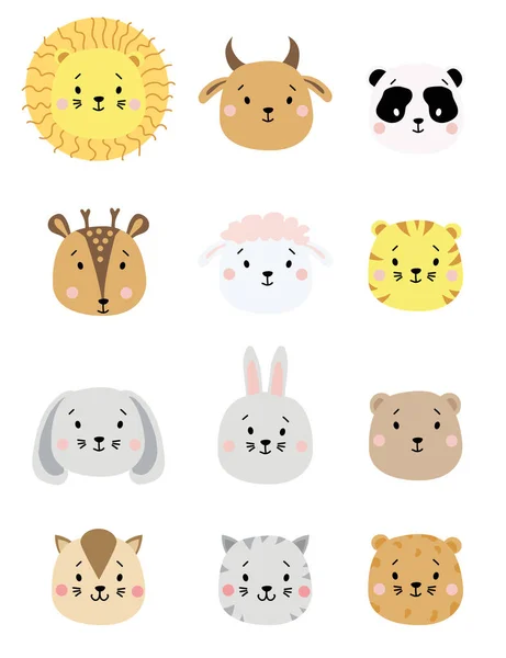 Carino semplici ritratti di animali. Set di ritratti di animali a colori pecore e mucche, leoni e tigri, panda e cervi, lepri e orsi, cani e gatti. Per la decorazione dei bambini, la stampa, i tessuti. Vettore — Vettoriale Stock