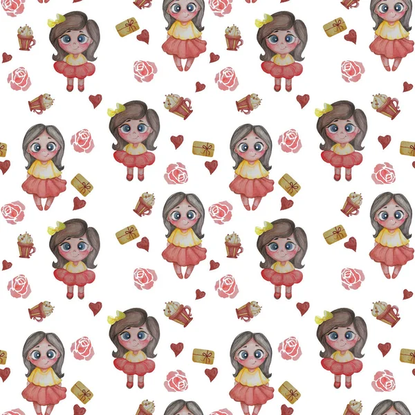 Seamless patterns. Lovely kids. Girls in red skirts with a cup of dessert and a gift on a white background with roses and hearts. Hand drawing. Watercolor. Childrens collection for design and textiles
