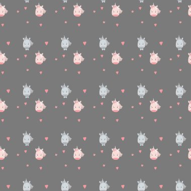 Kusursuz desenler. İskandinav tarzında çocuk koleksiyonu. Şirin tek boynuzlu atlar. Gri arka planda kalpleri olan kız ve erkek. Vektör çizimi. Çocuk tasarımı, tekstil, ambalaj ve duvar kağıtları için