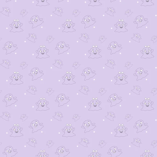 Halloween template. Seamless pattern with cute little cartoon ghosts. Ghosts with different emotions on a lilac background. Vector. Outline drawing. Template for paper, textile, decor and web design — Stock Vector