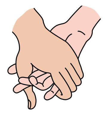 Kadın ve erkek eli. Konsept şefkat, sevgi ve tutku. Beyazda izole edilmiş. Açık tenli bir kadın ve bir erkek, Avrupalılar, el ele verdi. Renkli çizim. Vektör 