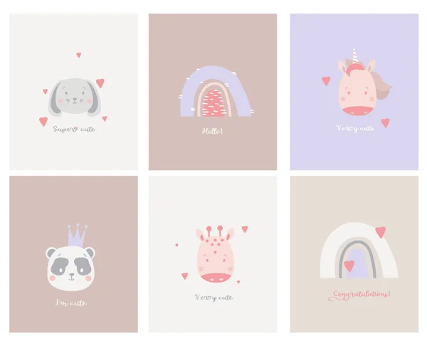 Lindos retratos de animales simples. Tarjetas creativas con animales lindos y arcoíris al estilo escandinavo con frases divertidas. Unicornio y panda con corona, liebre y jirafa. Pastel vector para el diseño, imprimir — Archivo Imágenes Vectoriales