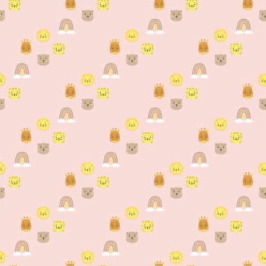 Kusursuz desenler. İskandinav tarzı çocuk koleksiyonu. Şirin hayvan çıkartmaları - zürafa ve ayı, aslan ve kaplan ve pembe arkaplanda bulutlar olan gökkuşağı. Tasarım, tekstil, ambalaj için. Vektör 