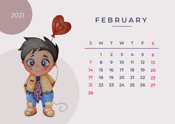 Calendario 2021 acuarela. Plantilla para febrero de 2021. Acuarela Dibujo manual. chico lindo con un corazón de globo. Planificador de diseño, papelería, impresión, colección de niños. Vector eps10, tamaño A3 — Archivo Imágenes Vectoriales