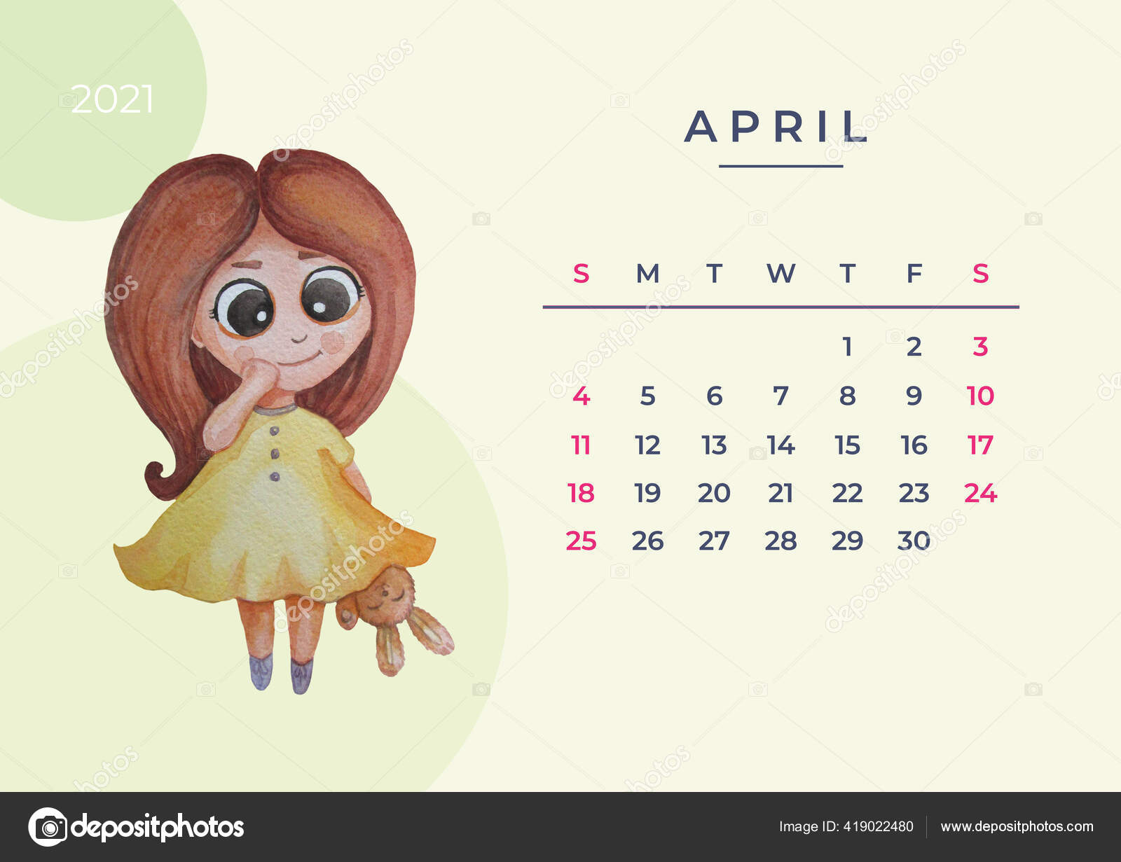 Calendar 2021 watercolor. Template for April. Watercolor drawing - a cute  girl in a dress and a