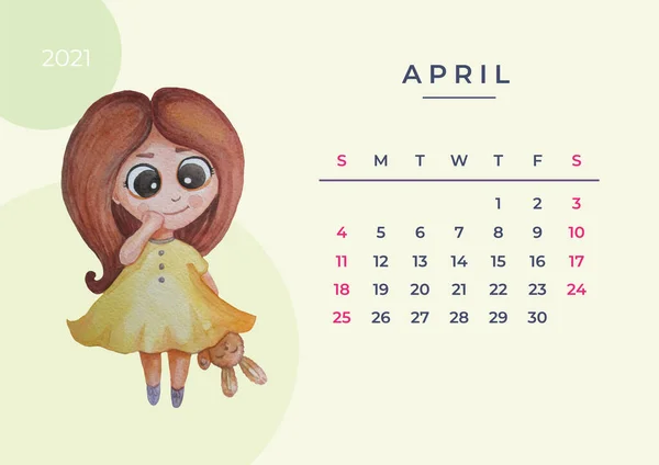 Calendario 2021 acuarela. Plantilla para abril. Dibujo de acuarela: una linda chica con un vestido y un conejito con un juguete en las manos. Planificador de diseño, papelería, impresión, colección de niños. Vector eps10, tamaño A3 — Archivo Imágenes Vectoriales