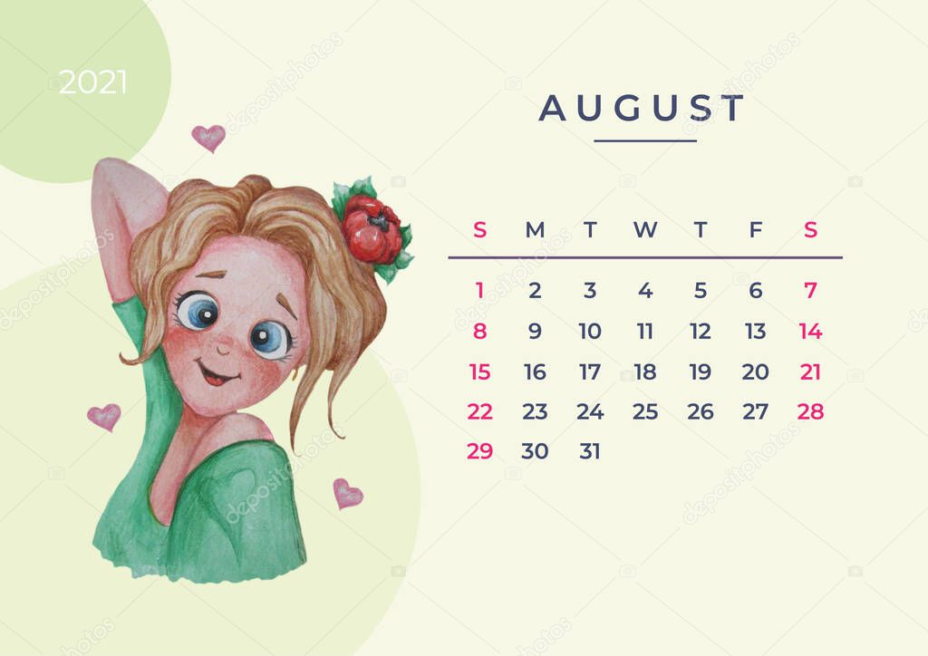 Calendar 2021 watercolor. Template for August. Watercolor drawing - a cute girl beauty with a red flower in her hair. Design planner, stationery, print, kids collection. Vector eps10, A3 format