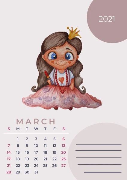 カレンダー2021水彩。3月の予定表。水彩画-彼女の手に口紅とかわいい女の子ファッショニスタ。ノートのためのスペース。デザインプランナー、文房具、印刷、子供コレクション。垂直A3 — ストック写真