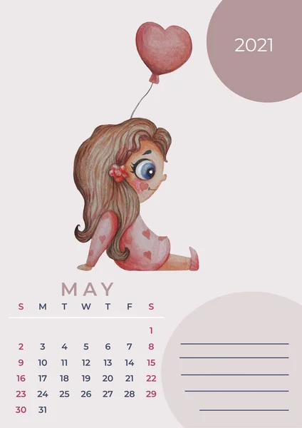 Calendário 2021 aquarela. Modelo para Maio. Desenho aquarela - uma menina bonito com corte de cabelo e um balão em suas mãos. Formato A3 vertical. Espaço para anotações. Planejador de design, papelaria, impressão, organizador — Fotografia de Stock