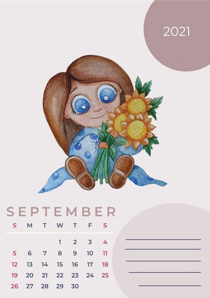 Calendar 2021 watercolor. September 2021. Watercolor drawing - a cute girl with a bouquet of yellow sunflowers in hands. Space for notes. Design planner, stationery, print. Vertical format A3 — Stock Photo, Image