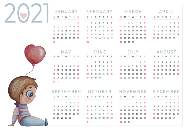 カレンダー2021水彩。12ヶ月の年間カレンダー。水彩画-かわいい男の子が風船を手に座っている。デザインプランナー、文房具、印刷、主催者、子供コレクション。A3水平 — ストック写真
