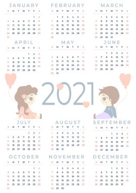 Takvim 2021 - 12 ay. Birbirine aşık bir çift. Sevimli bir oğlan ve bir kız ellerinde balonla oturuyorlar. Tasarımcı, kırtasiye malzemesi, baskı, çocuk koleksiyonu. Vektör, dikey A3 biçimi