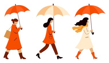 Şemsiye koleksiyonu olan pelerinli bir kadın. Beyaz arka planda izole edilmiş sezonluk kadın karakter. Minimalist düz stil. Vektör çizimi. Yapay zeka değil