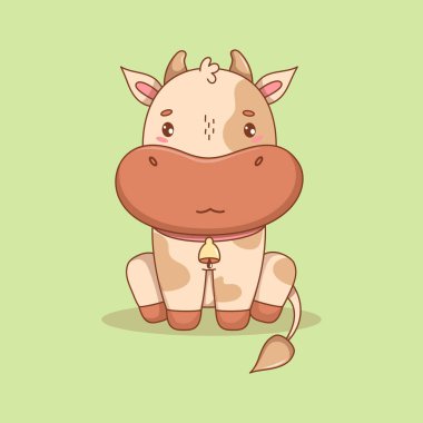 Bell 'le oturan şirin çizgi film ineği. Sevimli mutlu Kawaii Hayvanı. Vektör çizimi. Çocuk koleksiyonu. Yapay zeka değil