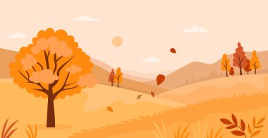 Ağaçlarla ve düşen yapraklarla dolu sonbahar manzarası. Golden Seasonal Park Doğa. Minimum düz düşüş yatay arka plan pankartı. Vektör çizimi. Yapay zeka değil