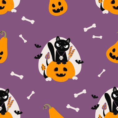 Tatlı Cadılar Bayramı kusursuz deseni. Kafatası olan kara kedi, mor arka planda Balkabağı Jack O feneri ile şeker ikram. Festivalsel tasarım, ambalaj, duvar kağıdı, tekstil için vektör çizimi. Yapay zeka değil