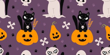 Tatlı Cadılar Bayramı kusursuz deseni. Şekerli Kara Kedi, Balkabağı Jack o Lantern ve mor arka planda Hayalet Hayvanı. Vektör çizimi. Bayram tasarımı için yatay düz şablon. Yapay zeka değil