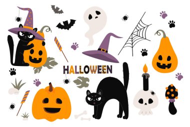 Sevimli Korkunç Cadılar Bayramı seti. Kara Kedi Cadı Şapkalı Balkabağı Jack O Fener, Tedavi ve Ürkütücü Hayalet, Kafatası, Örümcek, Ağ, Kemik, Mum, Yarasa ve Ürkütücü Mantar. İzole Vektör çizimi. Yapay zeka değil