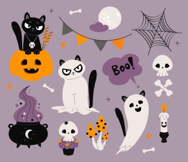 Sevimli Korkunç Cadılar Bayramı seti. Balkabağı kabağında kara kedi o fener ve hayalet hayvan, hayalet kek, kafatası, örümcek ağı, kazan, kemik, mum ve ürkütücü mantar. İzole Vektör çizimi. Yapay zeka değil