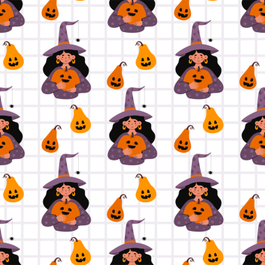 Halloween Seamless pattern. Cute Witch Girl In Hat and Pumpkin jack on checkered background