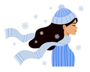 Kar Taneleri Altında Uzun Saçlı Kış Kadını. Beyaz Arkaplanda Düz Tarzlı Kadın Profil Portresi, mevsimsel karakter. Poster, afiş, kart, tasarım için vektör çizimi. Yapay zeka değil