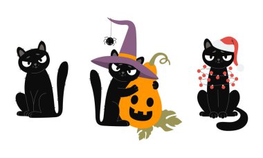 Kara Kedi seti güzelmiş. Balkabağı Feneri Jack 'li komik Cadılar Bayramı Hayvan Cadısı Çizgi Filmi ve Noel Baba Şapkası' nda Beyaz Arkaplanda Neşeli Çelenk Karakteri. Vektör çizimi. Yapay zeka değil