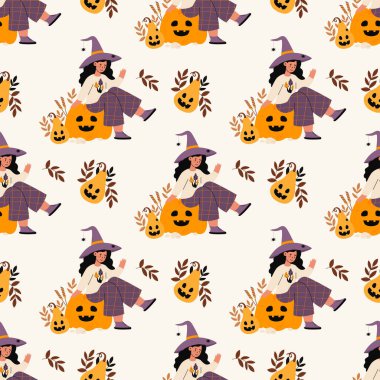 Kusursuz Cadılar Bayramı şablonu. Beyaz arka planda Balkabağı Feneri Jack 'in üzerinde oturan Örümcek Şapkalı Şirin Kız. Festivalsel tasarım, ambalaj, duvar kağıdı, tekstil için vektör düz çizim. Yapay zeka değil