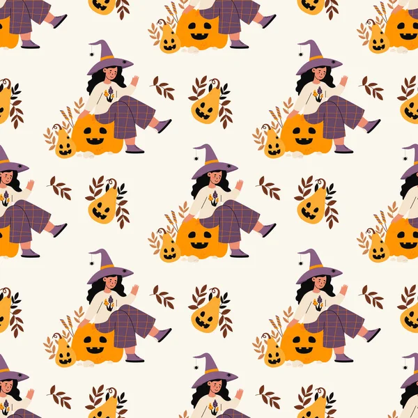 Kusursuz Cadılar Bayramı şablonu. Beyaz arka planda Balkabağı Feneri Jack 'in üzerinde oturan Örümcek Şapkalı Şirin Kız. Festivalsel tasarım, ambalaj, duvar kağıdı, tekstil için vektör düz çizim. Yapay zeka değil