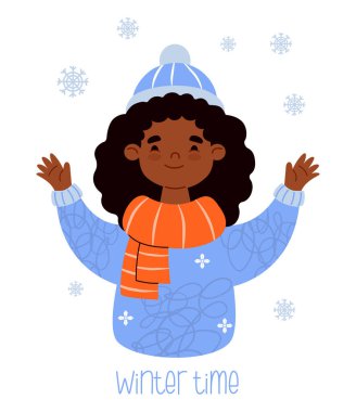 Tatlı Etnik Kış Kızı Kar Taneleriyle oynuyor. Beyaz Arkaplanda Siyah Kıvırcık esmer kadın portresi. Vektör düz çizim. Poster, afiş, kart ve tasarım için mükemmel. Yapay zeka değil