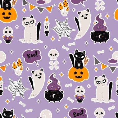 Kusursuz Cadılar Bayramı şablonu. Balkabağı kabağında sevimli Kara Kedi o fener ve kafatası, kemikleri ve mor arka planda sihirli sinek agarikleri olan hayalet hayvan. Vektör çizimi. Festival tasarımı için şablon Yapay Zeka için değil