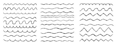 Oluklu Dalgalar. Çizgi karalama el yapımı set. İzole zigzag, dalga süsleme deseni, yatay altı çizgisi, dalgalı, dalgalı, ince çizgi arkaplanı. Vektör çizimi. Yapay zeka değil