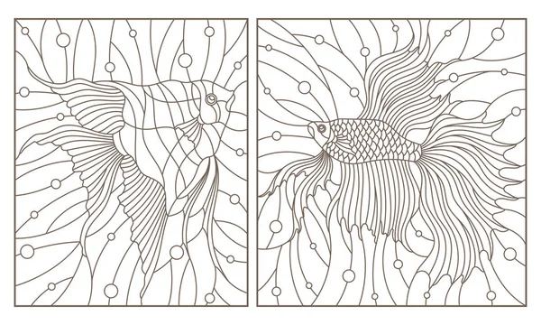 Встановити Контурні Ілюстрації Вітражному Стилі Акваріум Рибний Півень Скальпи Темні — стоковий вектор