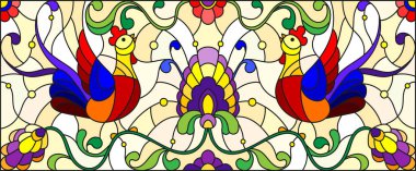 Vitray tarzı bir çift horozlar, çiçekler ve sarı bir arka plan, yatay resim üzerinde desenler ile resimde