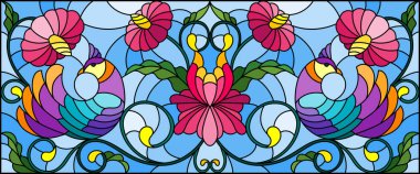 Vitray stil soyut mor kuşlar, çiçekler ve mavi arka plan, yatay resim üzerinde desenler bir çift ile resimde