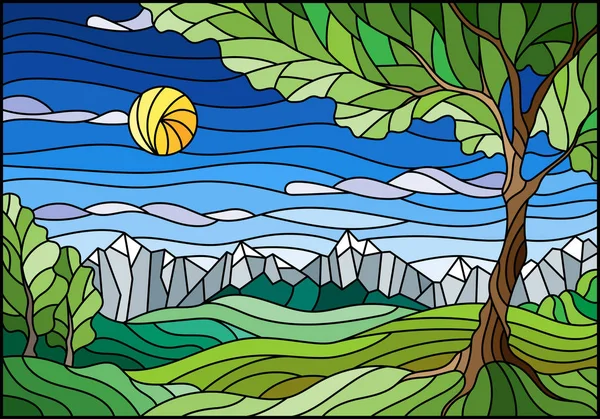 插图彩色玻璃风格与景观 绿色的树木在山上的景观和晴朗的天空背景 — 图库矢量图片