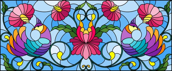 Vitray stil soyut mor kuşlar, çiçekler ve mavi arka plan, yatay resim üzerinde desenler bir çift ile resimde