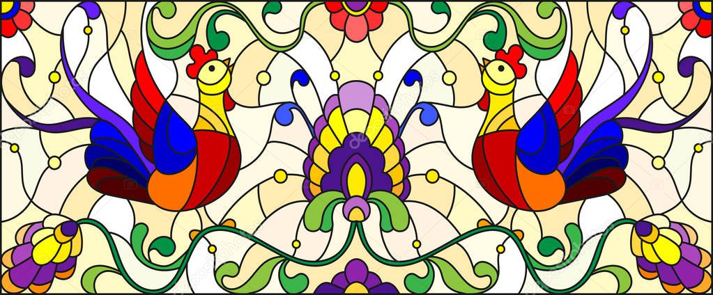 Illustration in stained glass style with a pair of roosters , flowers and patterns on a yellow background , horizontal image