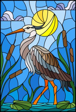 İllüstrasyon kahverengi heron stiliyle vitray, sazlık güneş, gökyüzü ve bulutlar ve güneş bir su birikintisi üzerinde 