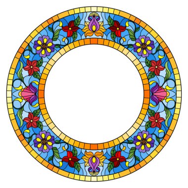 Vitray tarzı çiçek çerçeve, parlak çiçek ve beyaz zemin üzerine mavi çerçeve içinde yaprak çizimde