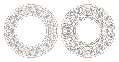 Renkli camların dış hatlarını çiçekli çerçeve ile, beyaz arkaplan üzerindeki koyu çizgilerle belirle