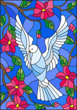 Mavi gökyüzü ve çiçekli ağaç dalları ile arka plan üzerinde beyaz bir güvercin vitray tarzında çizimi