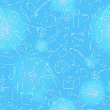 Balık tutma temasında pürüzsüz desen, mavi arkaplanda basit bir el çizimi kontur simgeleri