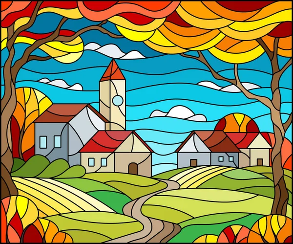 Illustration Glasmalereistil Urbane Herbstlandschaft Dächer Und Bäume Gegen Den Tageshimmel — Stockvektor