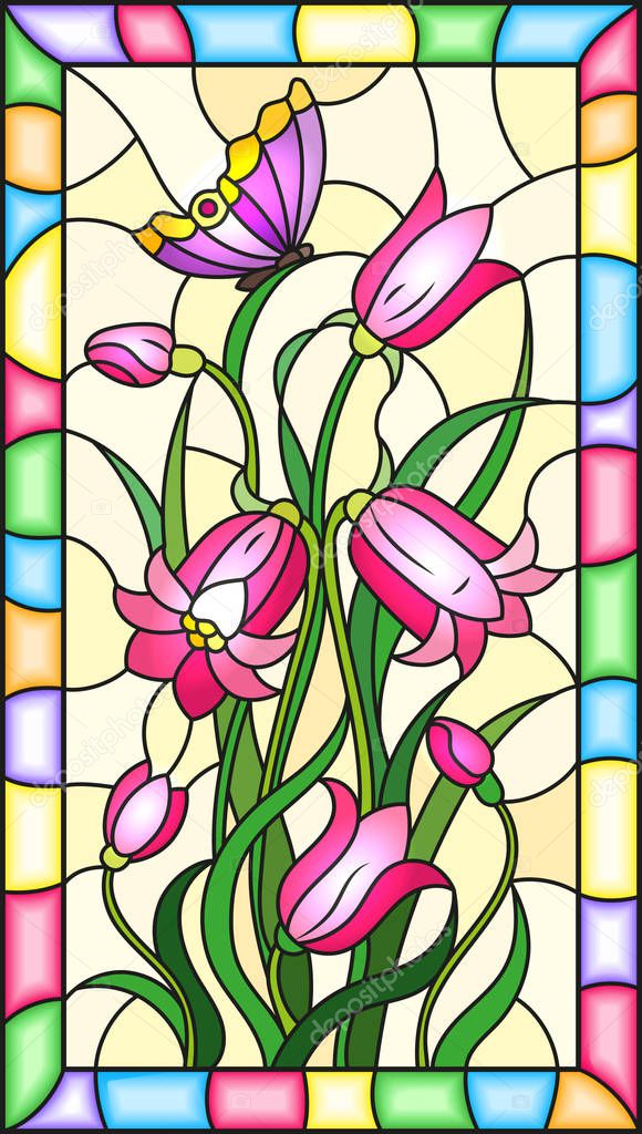 Illustration in stained glass style with leaves and bells flowers, pink flowers and butterfly on yellow  background in a bright frame 