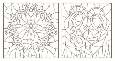 Holly, kontur illüstrasyonlar vitray pencereler İncille tema, İsa bebek Mary ve Joseph ve Noel çelenk ile beyaz zemin üzerine koyu özetliyor kümesi